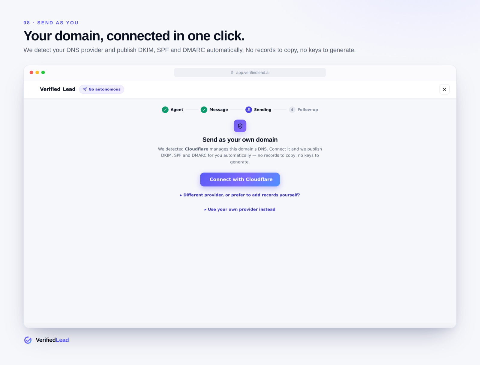 Your domain, connected in one click
